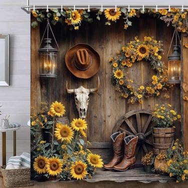 Imagem de Cortina de chuveiro caubói ocidental, rústica casa de fazenda, caveira, porta de celeiro, botas de madeira do sudoeste, cortina de banheiro floral de girassol, tecido impermeável, conjunto de cortinas