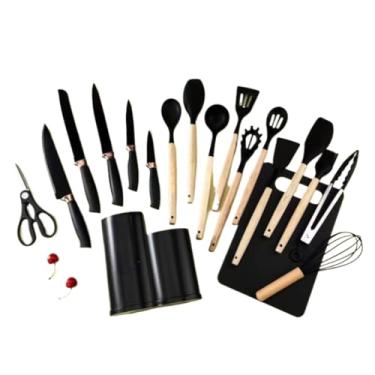 Imagem de Kit Completo Jogo de Cozinha Luxo 19 Peças Com Tábua em Silicone Espátula Faca Tesoura Utensílios(PRETO)