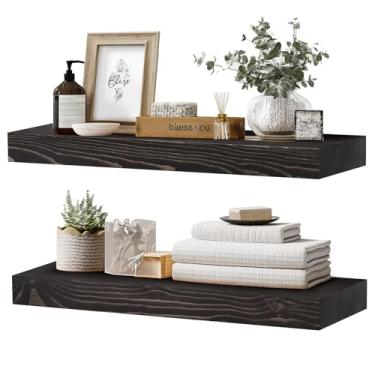 Imagem de YLYHSST Conjunto de 2 prateleiras flutuantes de 61 x 20 x 4 cm – Prateleira de parede preta rústica de madeira maciça para cozinha, banheiro, sala de estar