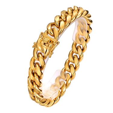 Imagem de ROWIN&CO Pulseira masculina de elos cubanos Miami de aço inoxidável 15 mm, ouro 18 quilates, preto/prata/arco-íris, corrente cubana durável e antimanchas, 20 cm a 24 cm, presentes para pais, namorados