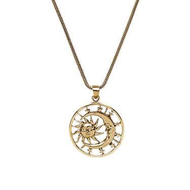 Imagem de 81stgeneration Colar feminino com pingente redondo de latão, lua crescente, sol, estrelas, galáxia, 46 cm, Latão, Sem Pedra Preciosa