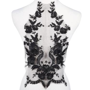 Imagem de GORGECRAFT Aplique de renda bordado de flor com motivo floral preto costurado, colarinho, tecido, vestido de noiva, vestido de casamento, apliques de malha, remendo de reparo para roupas, calças