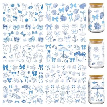 Imagem de Envelopes de copo DTF UV de verão - 10 folhas de animais marinhos tartaruga cavalo marinho concha UV DTF envoltórios de copo para vidro de 473 ml, adesivos de transferência de arco azul para surfe de