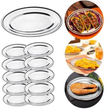 Imagem de 10 Travessas Rasas Ovais Inox 22Cm Porções Quente E Fria - Em Casa Tem