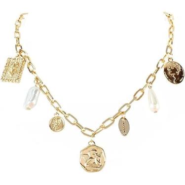 Imagem de BONJOULRY Colar com pingente feminino dourado olho turco sol lua flor pingente colar delicado clipe de papel vintage sorte amuleto gargantilha colares joias celestiais presente, Aço inoxidável, Sem