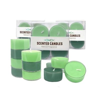 Imagem de Pacote com 12 velas perfumadas Tealight, cera de abelha branca e cera de soja em verde, 2 aromas de figo, pera e sálvia de madeira e sal marinho, mini velas em copos de acrílico transparente para casa