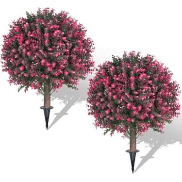 Imagem de Ronyila Conjunto de 2 arbustos de bola de buxo rosa artificial para ambientes externos, arbustos de vegetação sintética resistentes a UV de 55,88 cm com espiga no solo, plantas falsas de buxo para