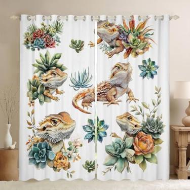 Imagem de Cortinas de janela infantil dragão barbudo, desenho animado lagarto réptil, cortinas de janela para meninos e meninas, cacto, botânico, ocidental, animal de estimação, moderno, moderno, tratamentos de