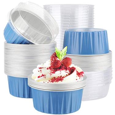 Imagem de EUSOAR Copos de folha de alumínio, 142 g, 50 peças de copos para assar com tampas, lanches de 8,5 x 6,5 x 6 cm, sobremesas, pudim, torta de cupcake, ramekin, lembrancinha de festa econômica - lua azul