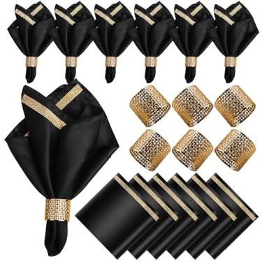 Imagem de Vijiv Pacote Com 12 Guardanapos De Pano E Anéis Guardanapo Dourados, Conjunto 6, 17 X 17, Acabamento Brilhante, Cetim, Coquetel, Lavável, Jantar Personalizado Para Festa Casamento, Decoração Feriado