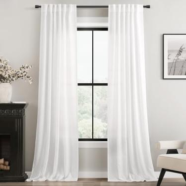 Imagem de Cortinas brancas de linho de 213 cm de comprimento para quarto, bolso de laço, privacidade, filtro de luz, semitransparente, branco, boêmio, cortinas de casa de fazenda, algodão texturizado, moderno