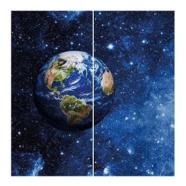 Imagem de Cortina blackout espacial, vista externa do planeta Terra em sistema solar com imagem temática de estrelas vida no globo, para sala de estar ou quarto, L 250 x C 213 cm azul verde