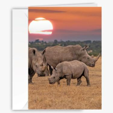Imagem de Cartão de felicitações de rinoceronte para todas as ocasiões, tamanho maior com imagem traseira e interior em branco - cartão exclusivo para amantes da natureza e dos animais - cartão de família Rino