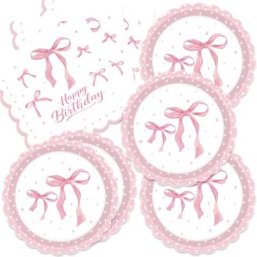 Imagem de Conjunto de 40 peças de enfeites de festa de aniversário com laço rosa coquete ou chá de bebê, pratos e guardanapos para 20 convidados