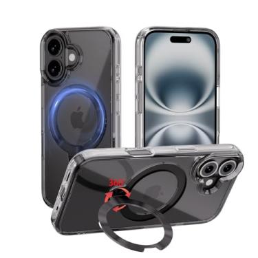 Imagem de MEIMIOU Suporte magnético giratório de 360° para iPhone 16 Pro, compatível com MagSafe, capa protetora fina de grau militar com anel de suporte de textura de CD, preto transparente, 16 cm