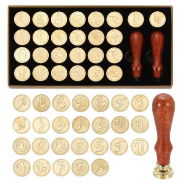 Imagem de PATIKIL Kit de selos de cera de alfabeto A-Z com 26 letras, carimbo vintage com 2 alças de madeira, caixa de presente para convite de casamento, festa, embrulho de presente, cartão envelope, estilo 10
