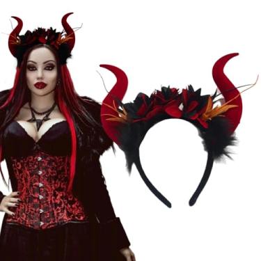 Imagem de mdgfge Devil Horns Headband Gothic Dragon Demon Red Rose Flower Horns Hair Hoop Hair Accessories for Women Halloween Cosplay Christmas Parties Dress Up Supplies