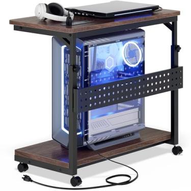 Imagem de Besiost Suporte de torre de computador com réguas de energia, suporte de torre de PC ajustável em altura com rodas, suporte de CPU móvel giratório, suporte lateral de carrinho de computador para mesa
