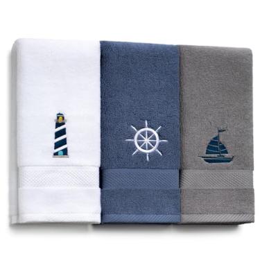Imagem de HunnmingRe 3 peças de toalhas de mão náuticas 33,3 x 74,5 cm decoração de banheiro náutico azul escuro branco toalhas de prato de algodão costeiro presente para casa banho cozinha acessórios de praia