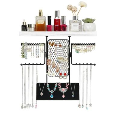 Imagem de BNING Organizador de joias para pendurar, organizador de joias de parede com prateleira para mulheres, suporte de colar de madeira rústica montado na parede, suporte de brinco organizador para brincos