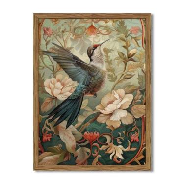Imagem de Arte de parede de beija-flor vintage emoldurada, pinturas de decoração de parede de pássaros florais, arenito 3D texturizado, natureza, imagens botânicas, impressões estéticas, decoração de casa para