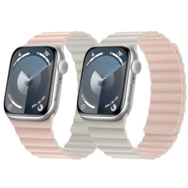 Imagem de HITZEE Pulseira magnética reversível dupla face compatível com Apple Watch 42(S10)/41/40/38 mm, pulseira de silicone macio para iWatch séries 10, 9, 8, 7, SE 6-1 (42/41/40/38, rosa/luz das estrelas)