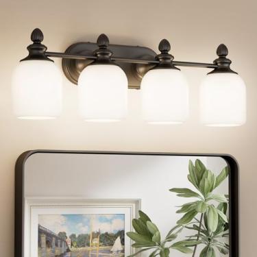 Imagem de Keonjinn Luminárias de banheiro com 4 luzes, luzes pretas vintage para espelho com persianas de vidro fosco, base E26 listada pela UL (lâmpadas não incluídas), luminárias reversíveis para banheiro