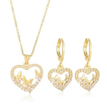 Imagem de Sajayea Colar de brincos de zircônia cúbica banhado a ouro para mulheres colar de charme hipoalergênico design personalizado/coração/cruz/folhas, moderate, Cobre, Zircão