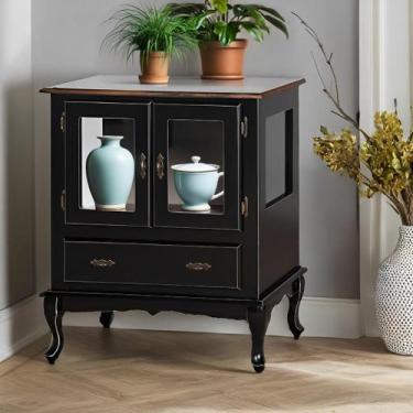 Imagem de Cristaleira de Madeira 2 Portas 1 Gaveta Vidros na Lateral Pés Luiz XV