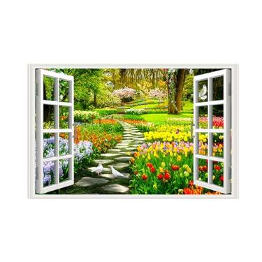 Imagem de Impressões em tela paisagens-Arte parede janela falsa-Árvoresflores coloridas-Natureza Pintura Decoração Banheiro 30x50cm Sem Moldura