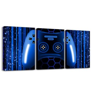 Imagem de Erosebridal Arte de parede em tela gamer para crianças, luzes neon, azul escuro, jogos, banheiro, decoração geométrica, 30,5 x 40,64 cm, 3 peças para adolescentes e meninos, console de jogos, listrado