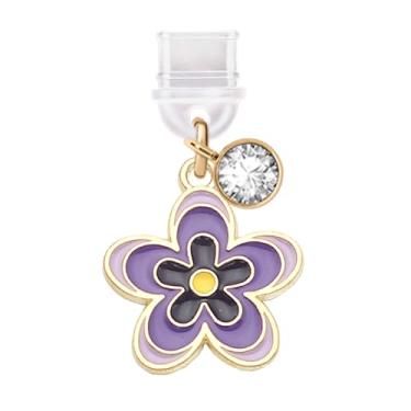 Imagem de ELISE & FONDA TP797 Tipo-C porta de carregamento plugue antipoeira pequena flor cravo pingente de telefone celular para iPhone 15/16/Samsung/OnePlus/Xiaomi/oppo telefones Android (roxo)