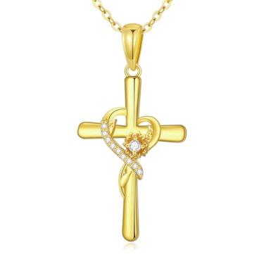 Imagem de UXQ Colar de ouro maciço 14K para mulheres, cruz, infinito, coração, rosa, girassol, nó celta, colar com pingente de cruz, joias religiosas cristãs, presentes para sua mãe, avó, Natal, aniversário