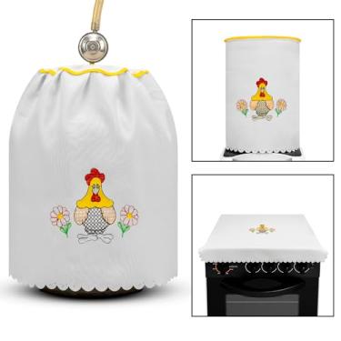 Imagem de Jogo de Cozinha 3 pçs Botijão Galão Fogão Oxford Bordado Estampado Viés Sortido Kit de Capas Decorativo (Galinha Branco)