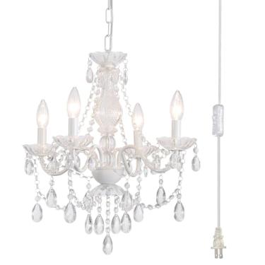 Imagem de Candelabro branco de cerâmica de cristal plugue, lustres de vidro, luminária pendente de cristal branco com cordão transparente e liga/desliga, 4 lustres de cristal leves para casamento, cozinha
