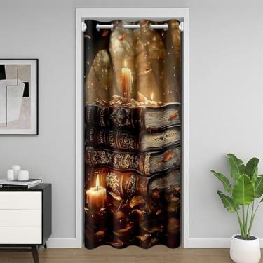 Imagem de meiyoeat Cortina de porta de livros vintage para privacidade de porta para 106 x 213 cm, 1 painel infantil, vela, folhas, capa de porta de armário, para meninos e meninas, adolescentes, outono