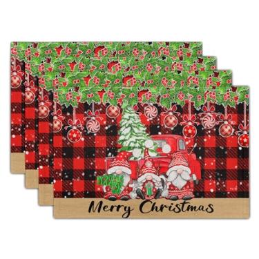Imagem de Jogo americano de inverno, conjunto de 4, 30,5 x 45,7 cm, árvore de Natal, caminhão, gnomo, vermelho, preto, buffalo, xadrez, retangular, decoração de mesa para festas de jantar sazonais