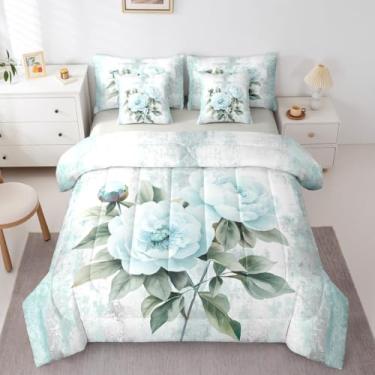 Imagem de Conjunto de edredom Queen de flores em aquarela com pintura a óleo abstrata em uma bolsa com lençol de cima e lençol com elástico, casa de fazenda rústica, ombré, turquesa, cinza, branco, conjunto de