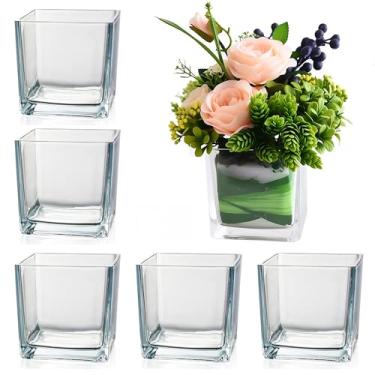 Imagem de Conjunto de vasos de vidro premium de 6 peças, organizadores de eventos e escolha de decoração de hotel, cubo transparente de 12 cm para exibições florais/velas