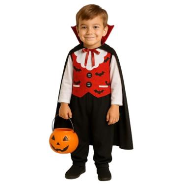 Imagem de Fantasia Infantil Vampiro Drácula Criança Halloween Vestido Roupa Balde de Abóbora (Preto, P (veste 3 a 4 anos))