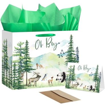 Imagem de EIGHTSTATES Conjunto de presente para bebês meninos com tema de aventura - Saco de presente verde Oh Boy com cartão e papel de seda e envelope - Design florestal para chá de bebê, festa de aniversário