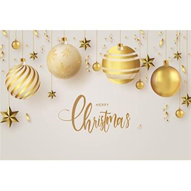 Imagem de DORCEV Faixa de fundo de Feliz Natal de 3,7 x 3 m - fitas curvas, bolas listradas douradas, fundo fotográfico com decoração de festa de estrela dourada - Papel de parede bege para crianças e adultos