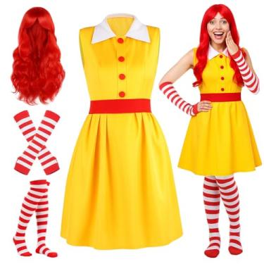 Imagem de TaoBary Conjunto de 4 peças de fantasia de garçonete de Halloween para mulheres, luvas de braço longo, meias até o joelho, peruca vermelha para meninas, cosplay, vestido chique (P)