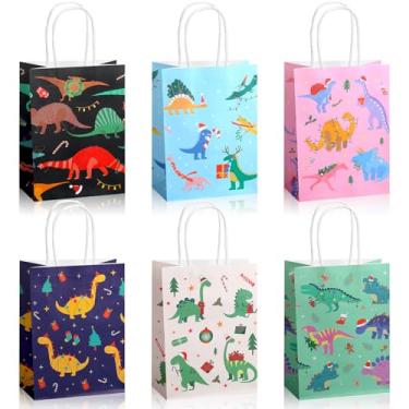 Imagem de Epakh 24 sacos de presente de dinossauro para sacos de papel de doces de dinossauro de Natal com alça pacote de guloseimas para lembrancinhas de festa de Natal, decorações de aniversário, suprimentos