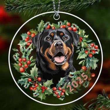 Imagem de Enfeite de Natal Rottweiler 2025, enfeites de cachorro para árvore de Natal, ornamento de acrílico para cães pretos, presentes Rottweiler para mulheres, mãe rottie