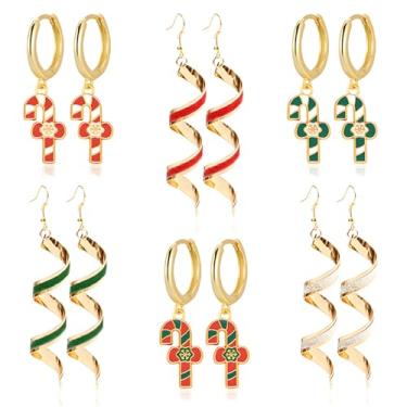 Imagem de QLYOVWE 6 pares de brincos de doces de Natal para mulheres, fofo, vermelho, verde, hortelã-pimenta, carne, doce, argola, espiral, brincos pendurados, presentes de Natal, Medium, Metal, Sem pedra