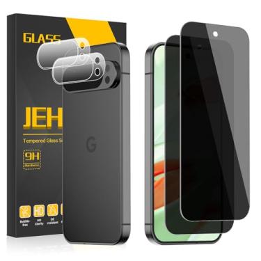 Imagem de JEHOO [Pacote com 2 + 2] 2 pacotes para Google Pixel 9 Pro XL Protetor de tela de privacidade de vidro temperado com 2 protetores de lente de câmera, suporte para desrelógio de impressão digital