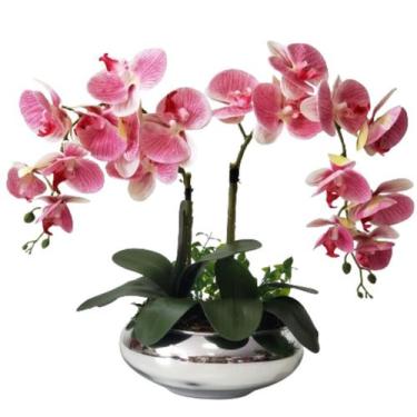 Imagem de Arranjo 2 Orquídeas Rosa 3D Artificiais Flores Vaso Prata - La Caza St