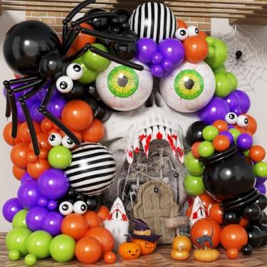 Imagem de Froova Halloween Balloon Garland 146 Pcs Purple Green Black Orange Balloons Arch Kit with 22 Inch Green Eyeball Balloon Striped Foil Balloons for Spider Spooky Witch Birthday Baby Shower Party Decor