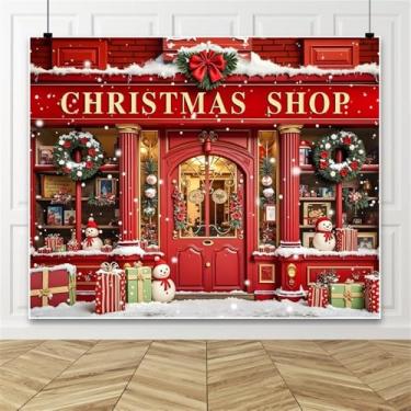 Imagem de Pano de fundo vermelho de Natal 3 x 2,4 m para fotografia, loja de brinquedos do Papai Noel na neve, pano de fundo de festa de Natal, boneco de neve de inverno, floco de neve, Natal, família, férias